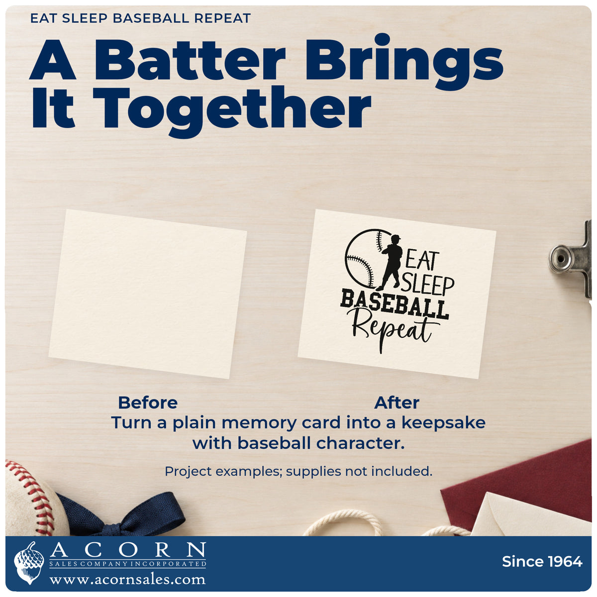 Before and after of a plain item finished with the Eat Sleep Baseball Repeat Rubber Stamp – Duo Hand, a quick upgrade for lunchbox notes.