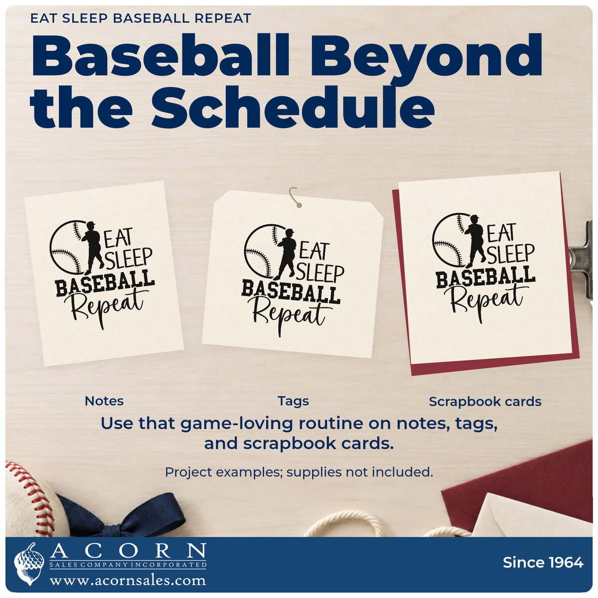 Three project examples made with the Eat Sleep Baseball Repeat Self-Inking Craft Stamp, including team party invitations.