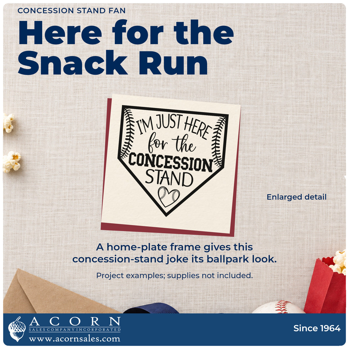 Enlarged detail of the Concession Stand Fan Baseball Heart Hand Stamp – Duo imprint. A home plate outline frames "I'm just here for the concession stand," baseball stitching, and a small baseball heart.