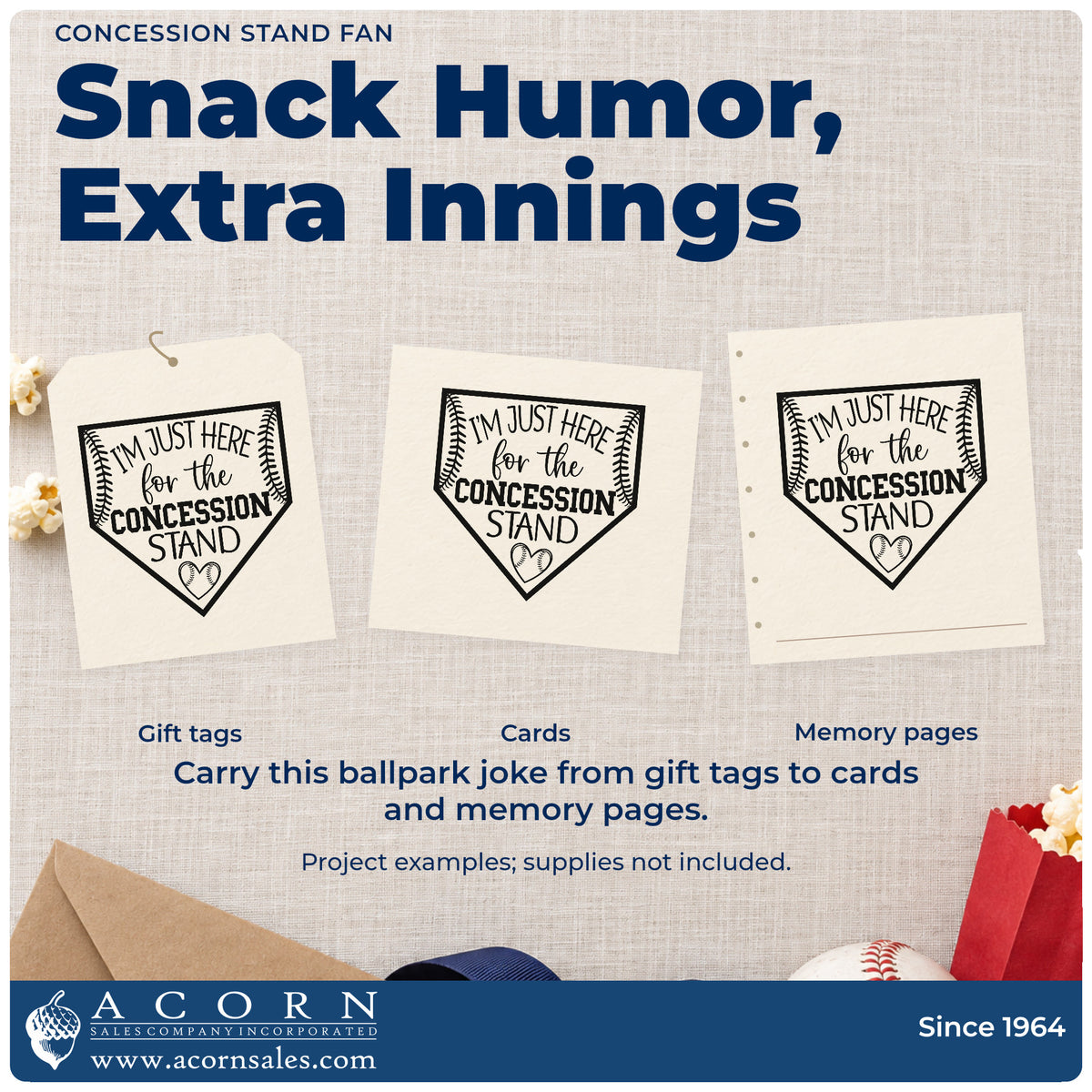 Three project examples made with the Concession Stand Fan Baseball Heart Pre-Inked Stamp – Slim, including grandparent gift tags.