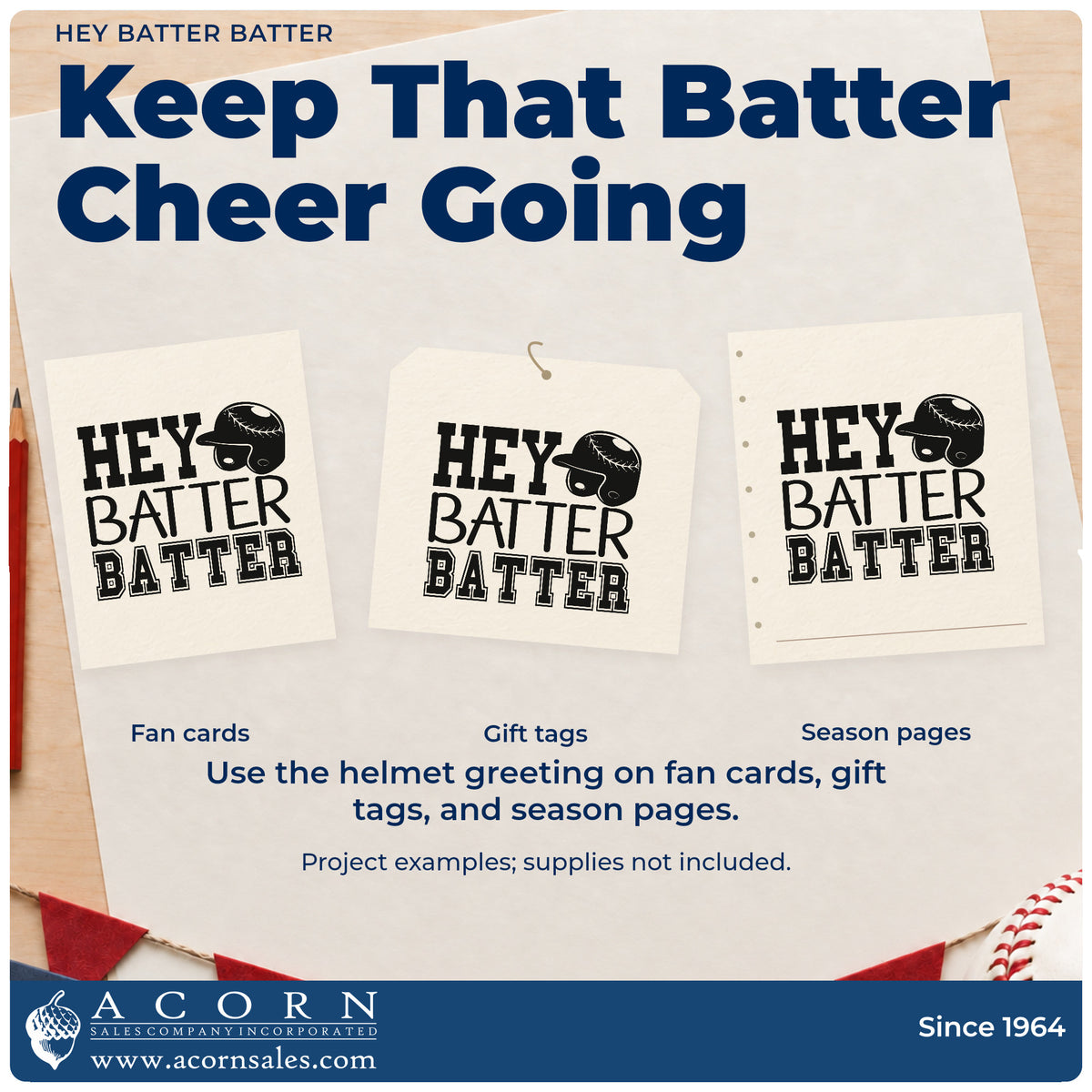 Three project examples made with the Hey Batter Batter Batting Helmet Pre-Inked Stamp – Slim, including cupcake toppers.