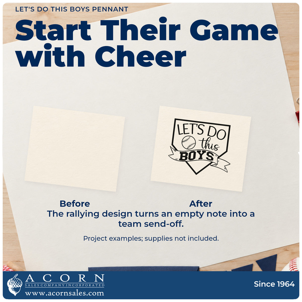 Before and after of a plain item finished with the Let's Do This Boys Pennant Home Plate Badge Craft Stamp – Self-Inking, a quick upgrade for tournament tees.