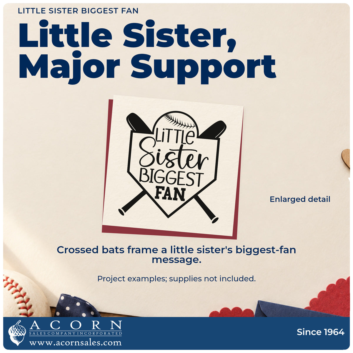 Enlarged detail of the Little Sister Biggest Fan Stamp – Wood Handle imprint. Crossed bats and a baseball frame "Little sister biggest fan" inside a home plate outline.