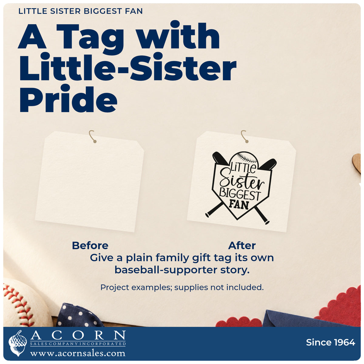 Before and after of a plain item finished with the Little Sister Biggest Fan Stamp – Wood Handle, a quick upgrade for hair bow gift cards.