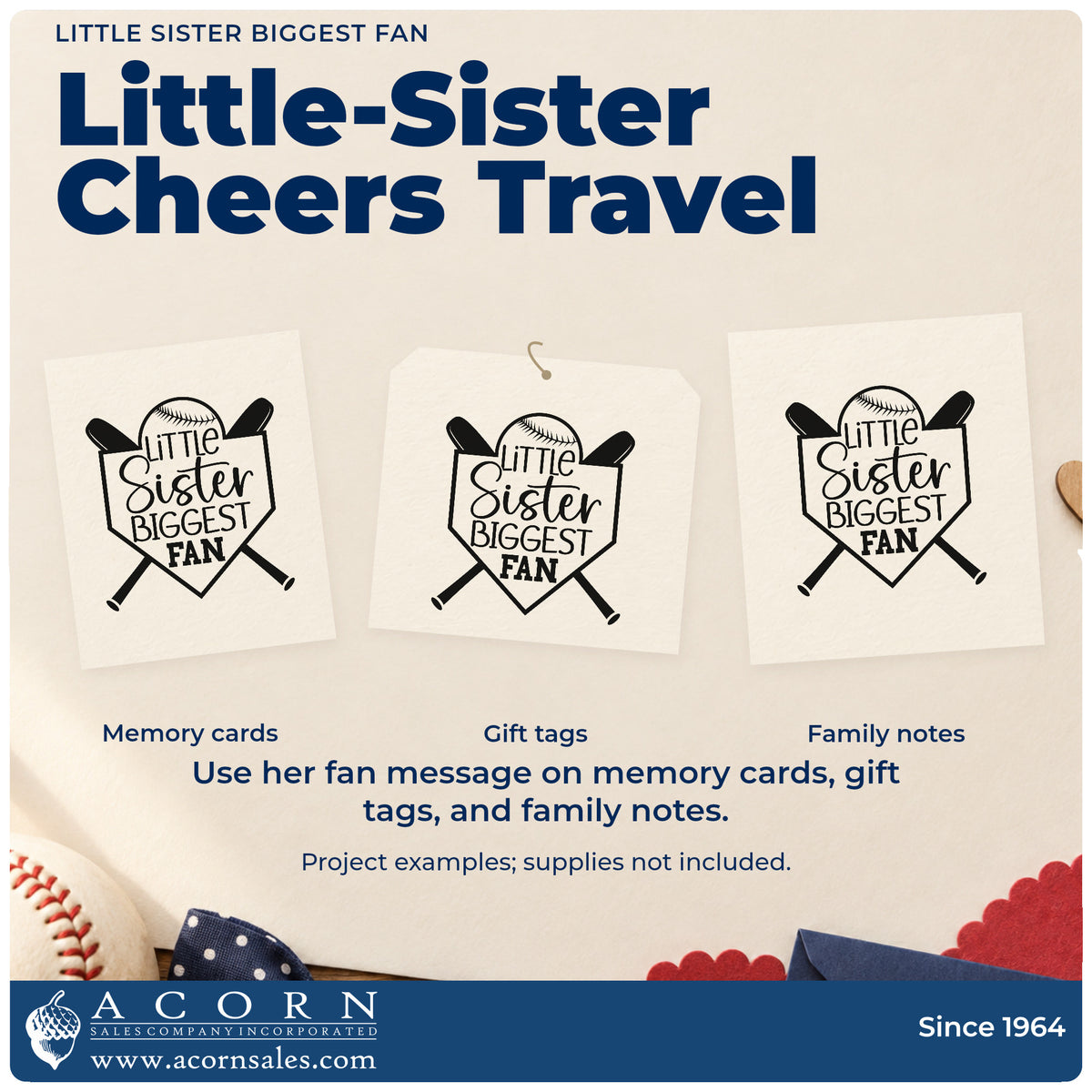 Three project examples made with the Little Sister Biggest Fan Premium Wooden Stamp - Vintage Pro, including party favor tags.