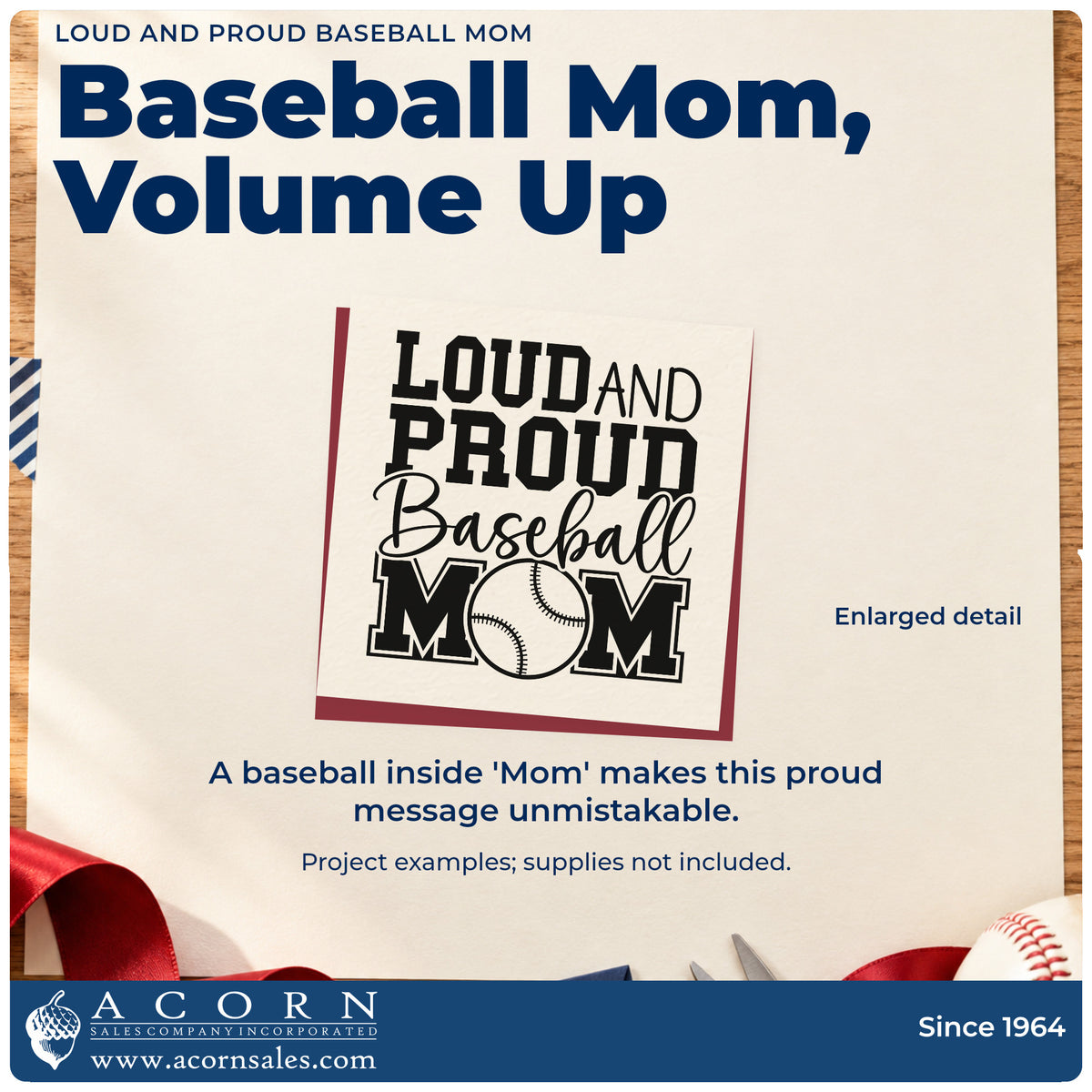 Enlarged detail of the Loud And Proud Baseball Mom Script Lettering Duo Hand Stamp imprint. Bold and script lettering reads "Loud and proud baseball mom," with a baseball replacing the O in "Mom."