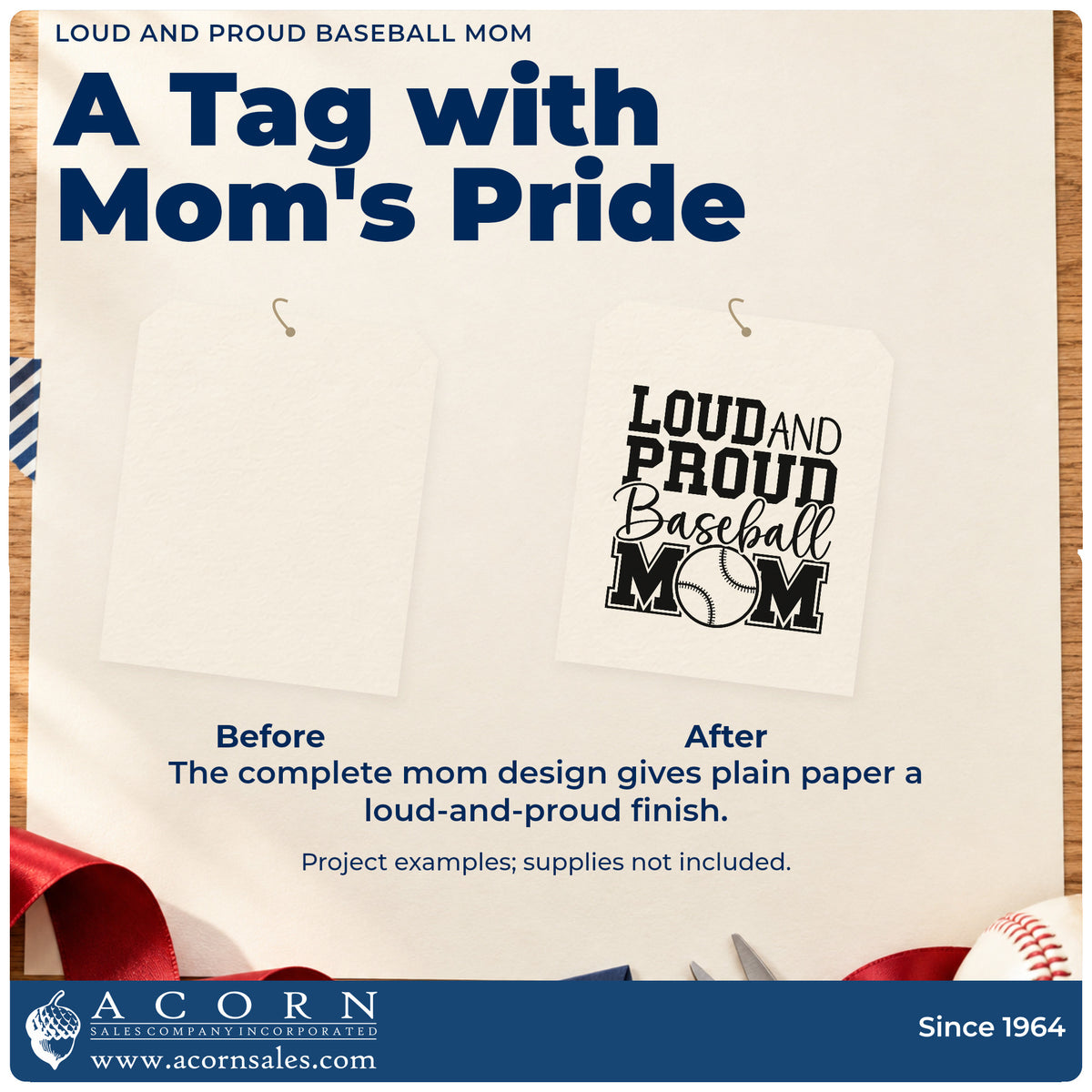 Before and after of a plain item finished with the Loud And Proud Baseball Mom Script Lettering Duo Hand Stamp, a quick upgrade for mother's day cards.