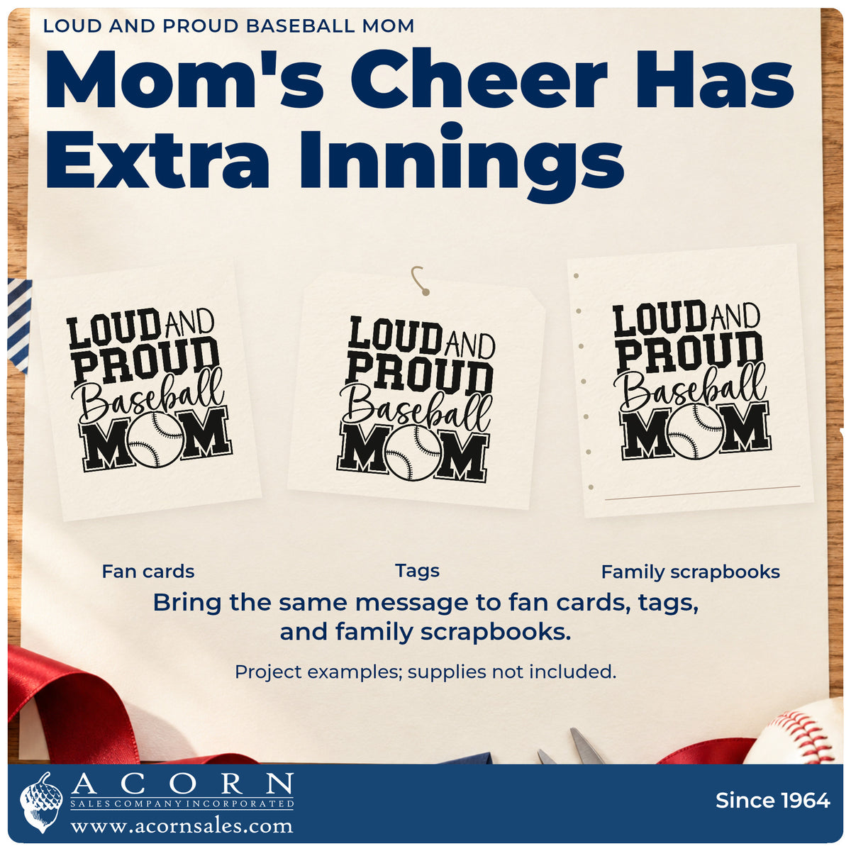 Three project examples made with the Loud And Proud Baseball Mom Script Lettering Duo Hand Stamp, including scrapbook fan pages.