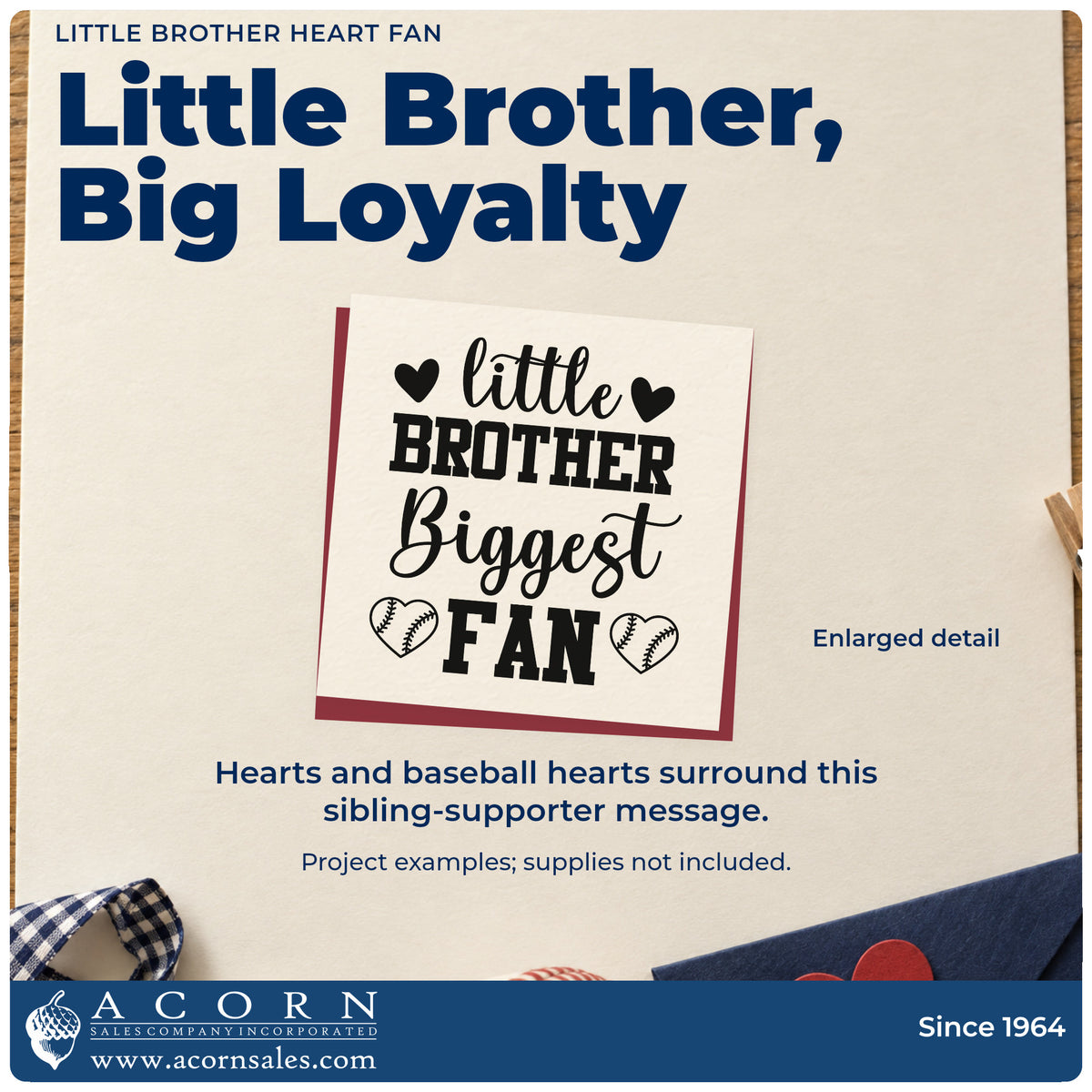 Enlarged detail of the Little Brother Heart Fan Hand Stamp – Duo imprint. Hearts and baseball hearts surround "Little brother biggest fan" in mixed lettering.