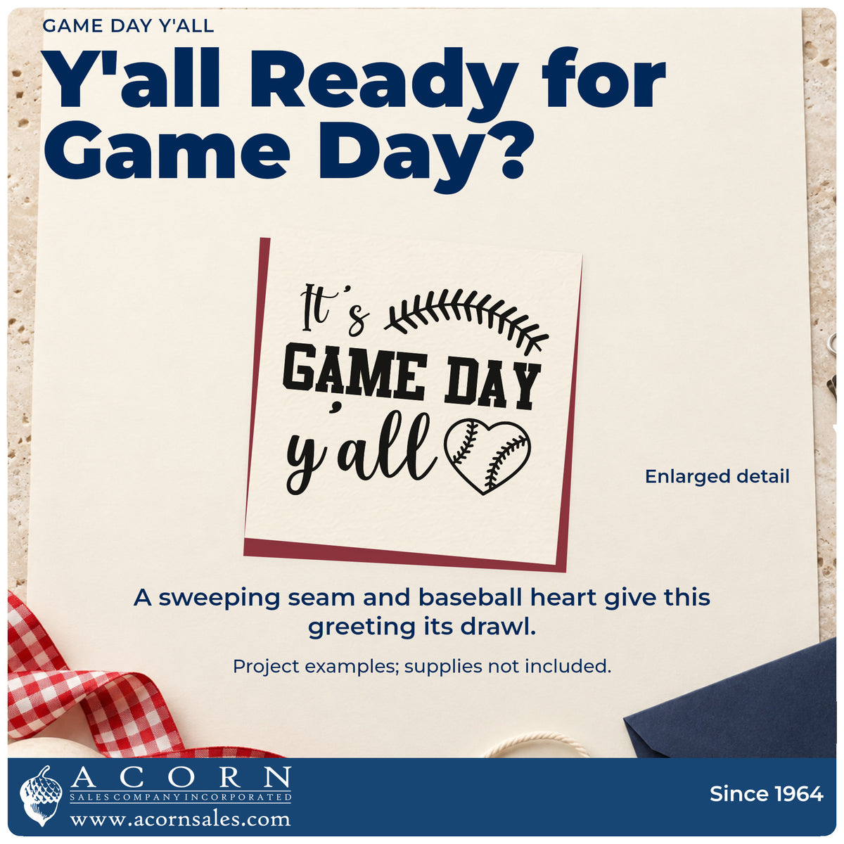 Enlarged detail of the It's Game Day Y'all Slim Pre-Inked Stamp imprint. A curved baseball seam and baseball heart accent "It's game day y'all."