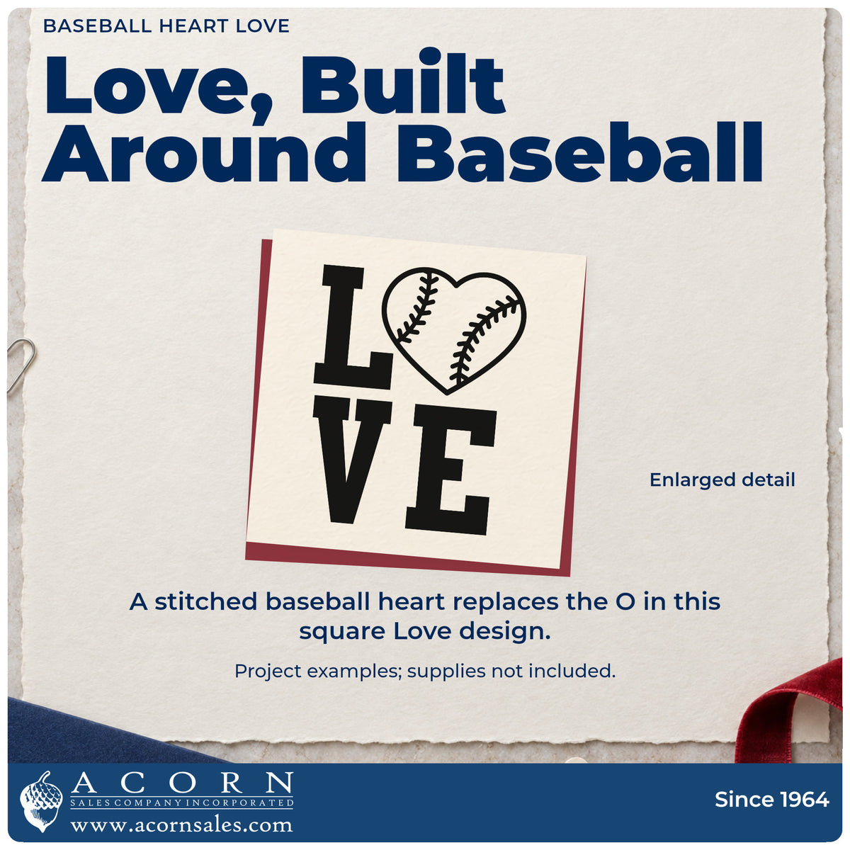 Enlarged detail of the Wood Handle Baseball Heart Love Rubber Stamp imprint. The word "Love" forms a square with a stitched baseball heart replacing the O.