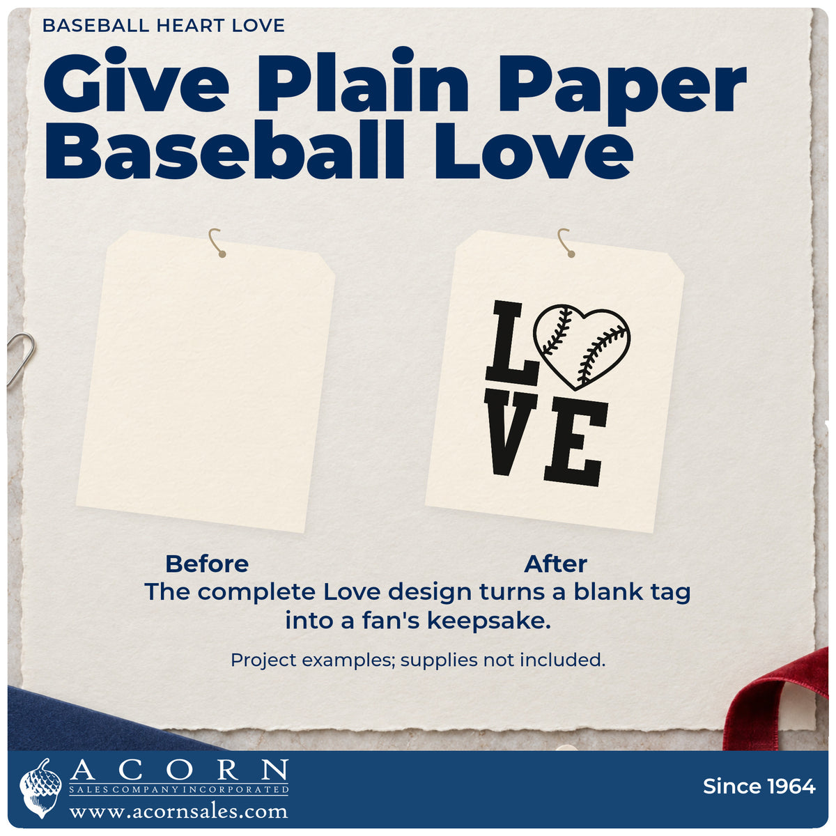 Before and after of a plain item finished with the Wood Handle Baseball Heart Love Rubber Stamp, a quick upgrade for coaster crafts.