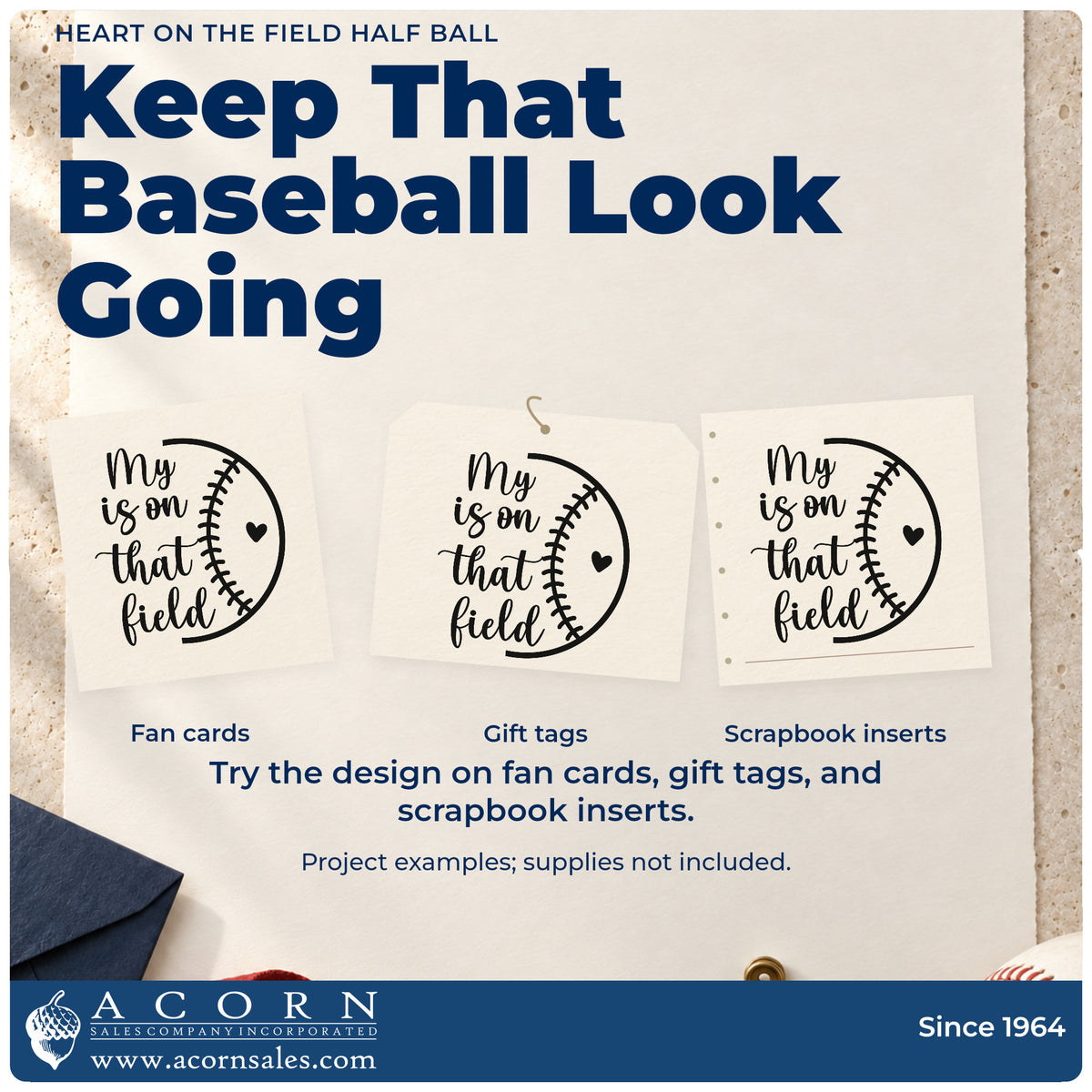 Three project examples made with the Half Baseball Outline With Heart Rubber Stamp – Wood Handle, including fill-in heart crafts.
