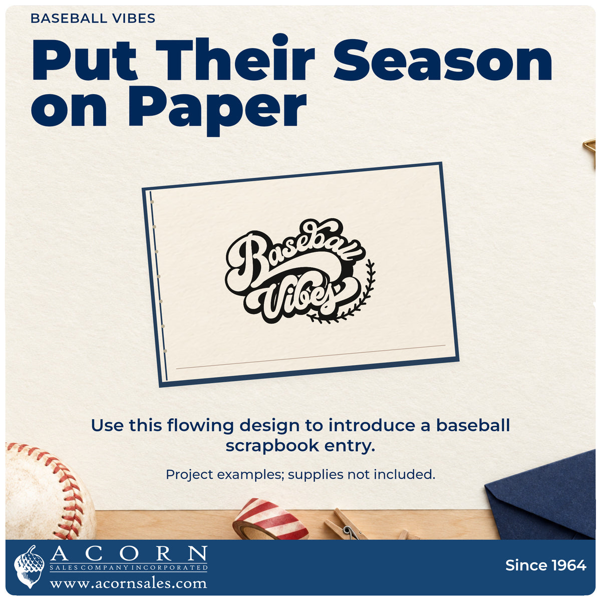 A finished handmade project stamped with the Baseball Vibes Self-Inking Stamp, ideal for summer scrapbook pages.