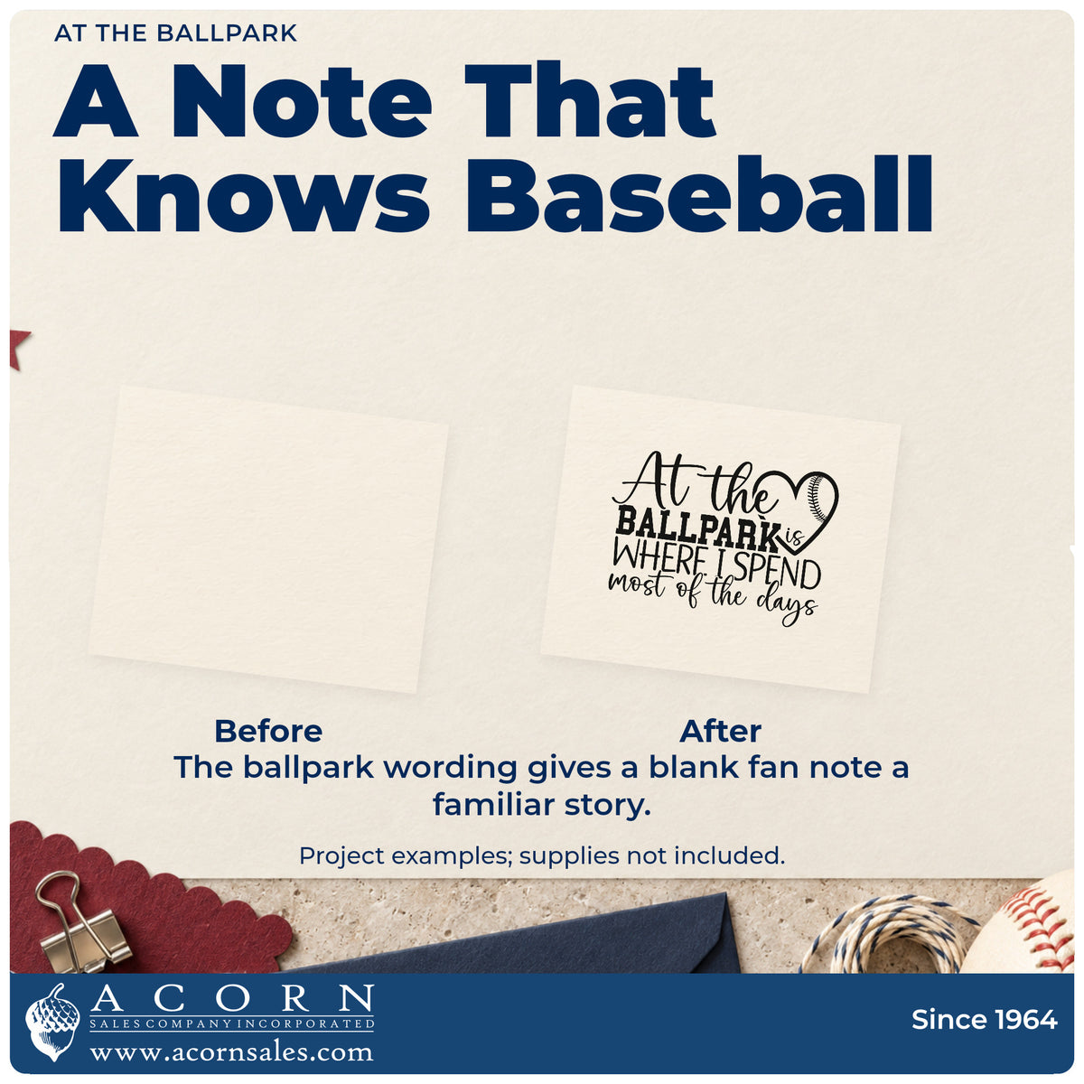 Before and after of a plain item finished with the At The Ballpark Baseball Heart Craft Stamp – Self-Inking, a quick upgrade for coach thank-you notes.