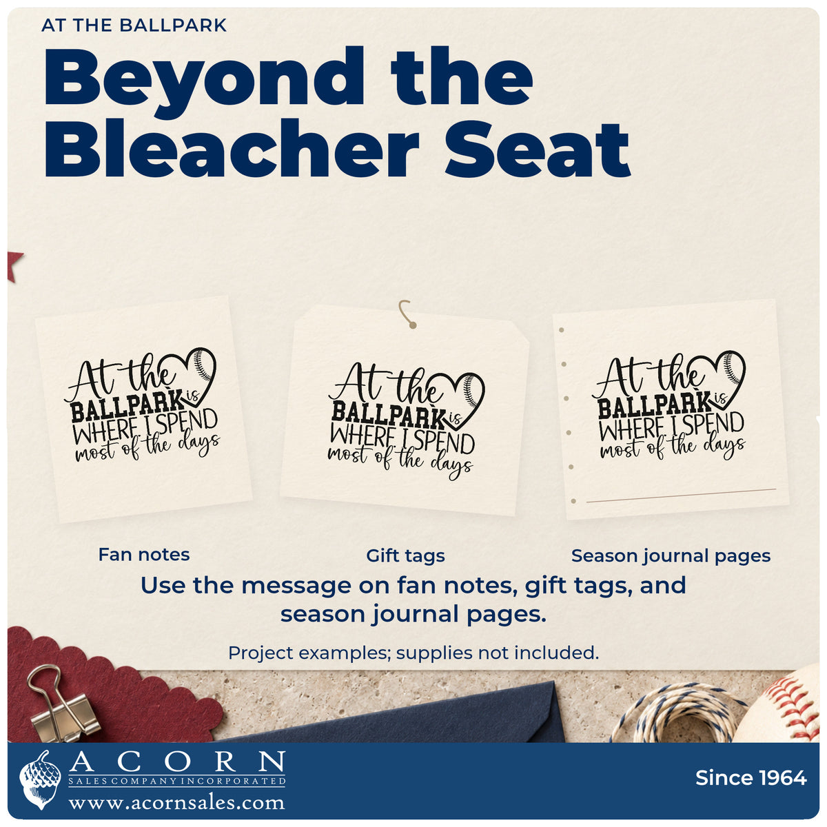 Three project examples made with the Pre-Inked At The Ballpark Baseball Heart Stamp – PSI, including tote bag printing.