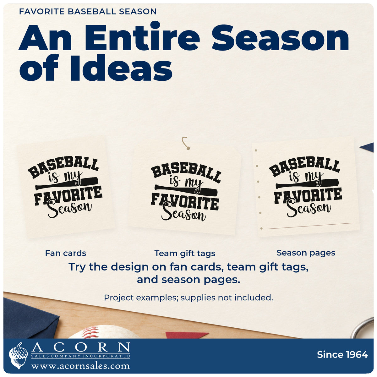 Three project examples made with the Baseball Is My Favorite Season Self-Inking Stamp, including team welcome letters.