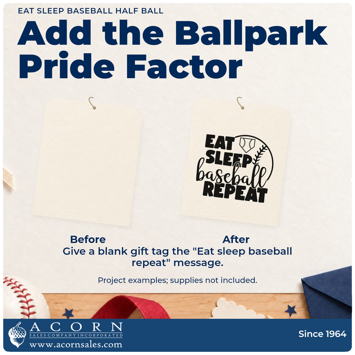 Before and after of a plain item finished with the Eat Sleep Baseball Half Ball Home Plate Badge Stamp – Self-Inking, a quick upgrade for lunchbox notes.
