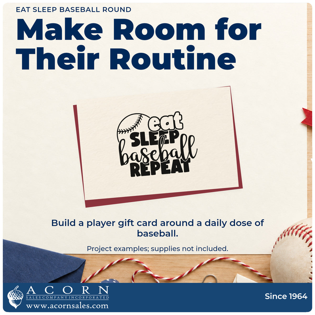 A finished handmade project stamped with the Eat Sleep Baseball Round Self-Inking Craft Stamp, ideal for framed wall art.