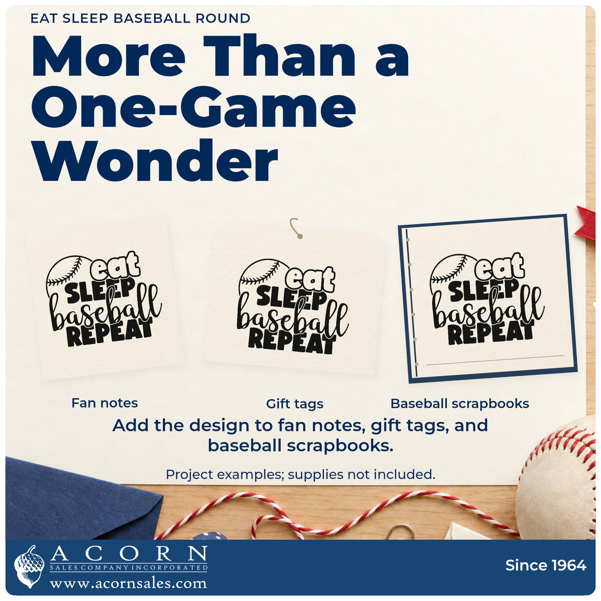 Three project examples made with the Eat Sleep Baseball Round Self-Inking Craft Stamp, including party invitations.