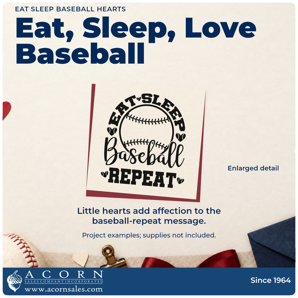 Enlarged detail of the Eat Sleep Baseball Hearts Pre-Inked Stamp – Slim imprint. A baseball, small hearts, and mixed lettering form an "Eat sleep baseball repeat" design.