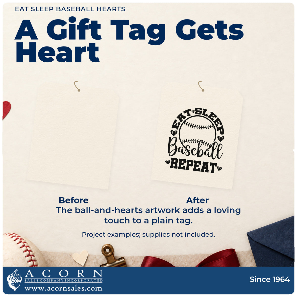 Before and after of a plain item finished with the Eat Sleep Baseball Hearts Hand Stamp – Duo, a quick upgrade for fan tote bags.