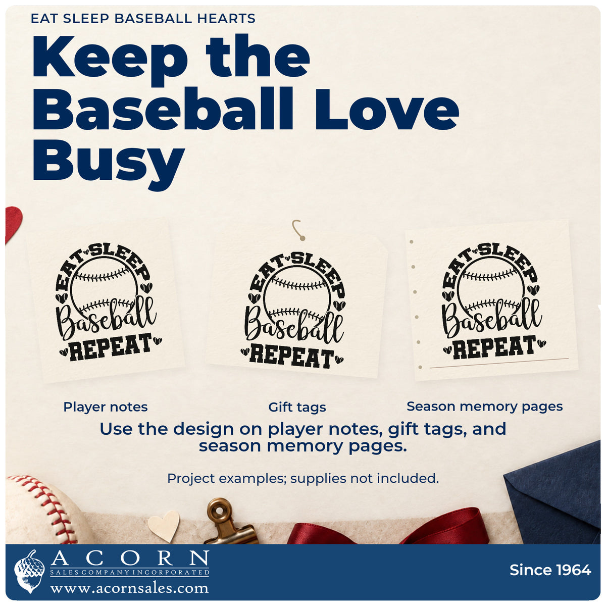 Three project examples made with the Eat Sleep Baseball Hearts Hand Stamp – Duo, including team party favor tags.