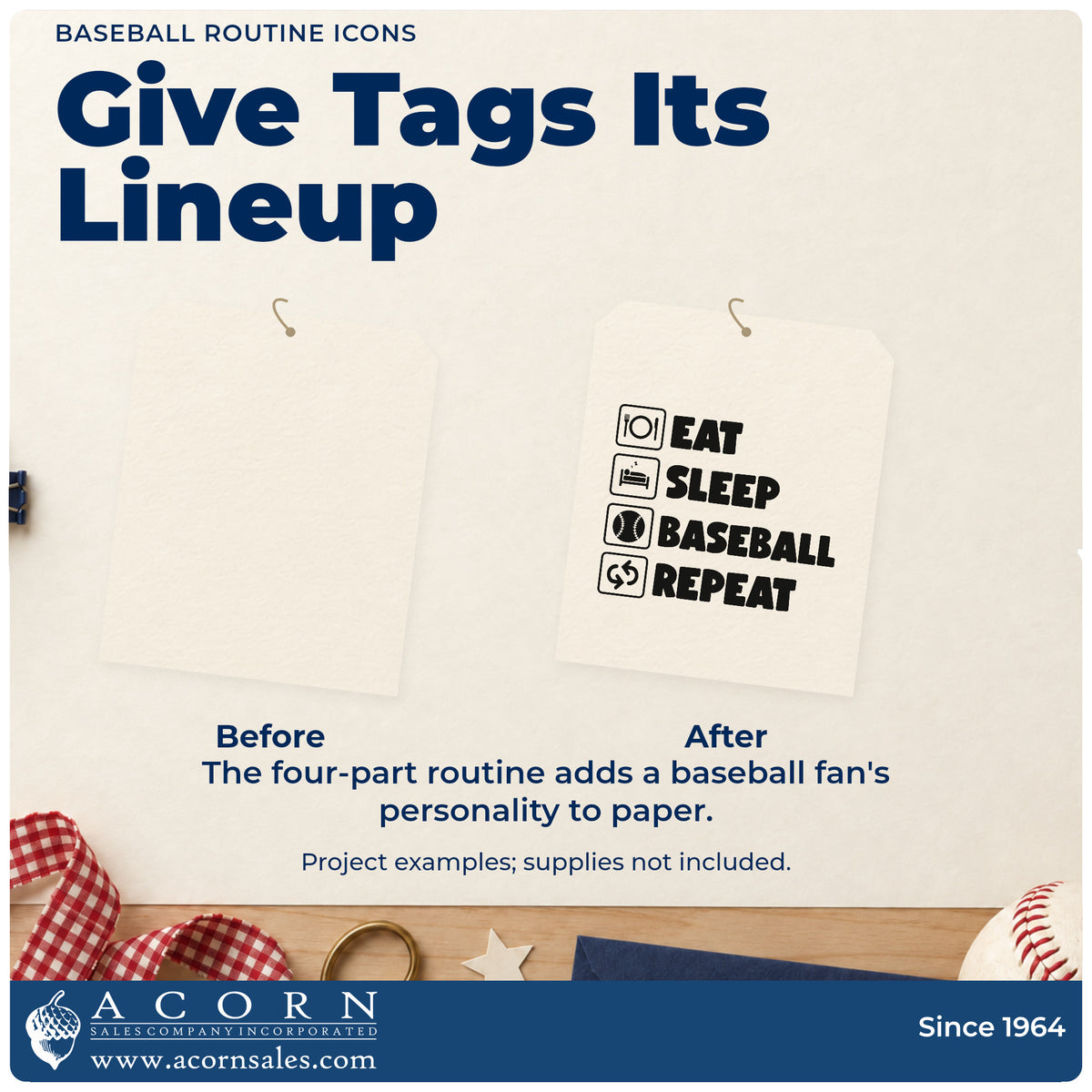 Before and after of a plain item finished with the Self-Inking Baseball Routine Icons Stamp, a quick upgrade for planner stickers.