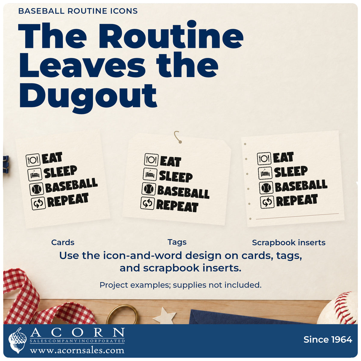 Three project examples made with the Self-Inking Baseball Routine Icons Stamp, including bedroom door signs.