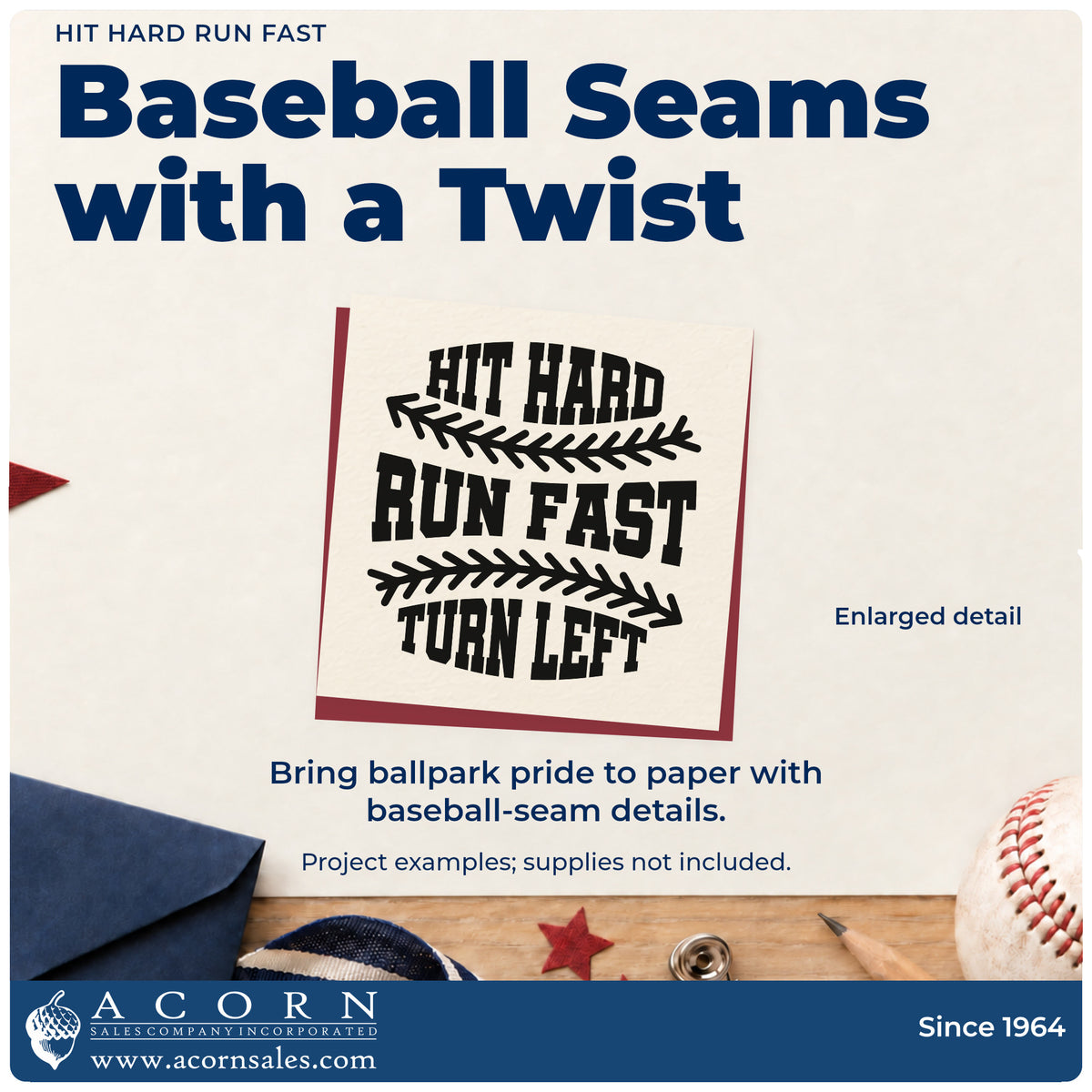 Enlarged detail of the Hit Hard Run Fast Rubber Stamp – Duo Hand imprint. Baseball seams divide the athletic lettering "Hit hard, run fast, turn left."