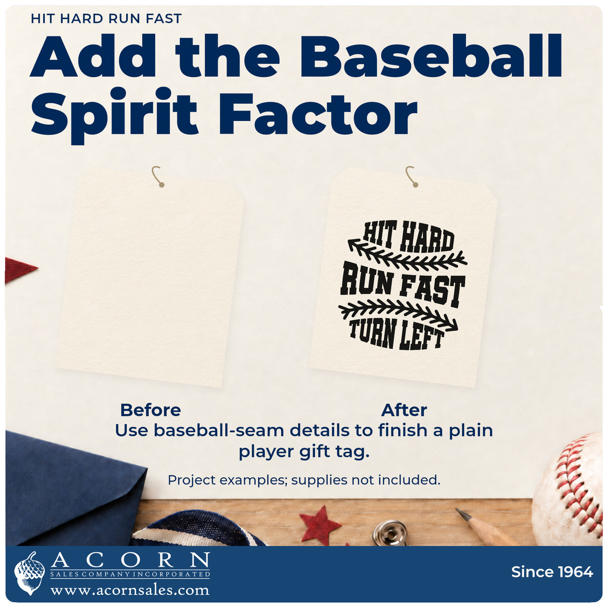 Before and after of a plain item finished with the Hit Hard Run Fast PSI Pre-Inked Stamp, a quick upgrade for coach thank-you cards.