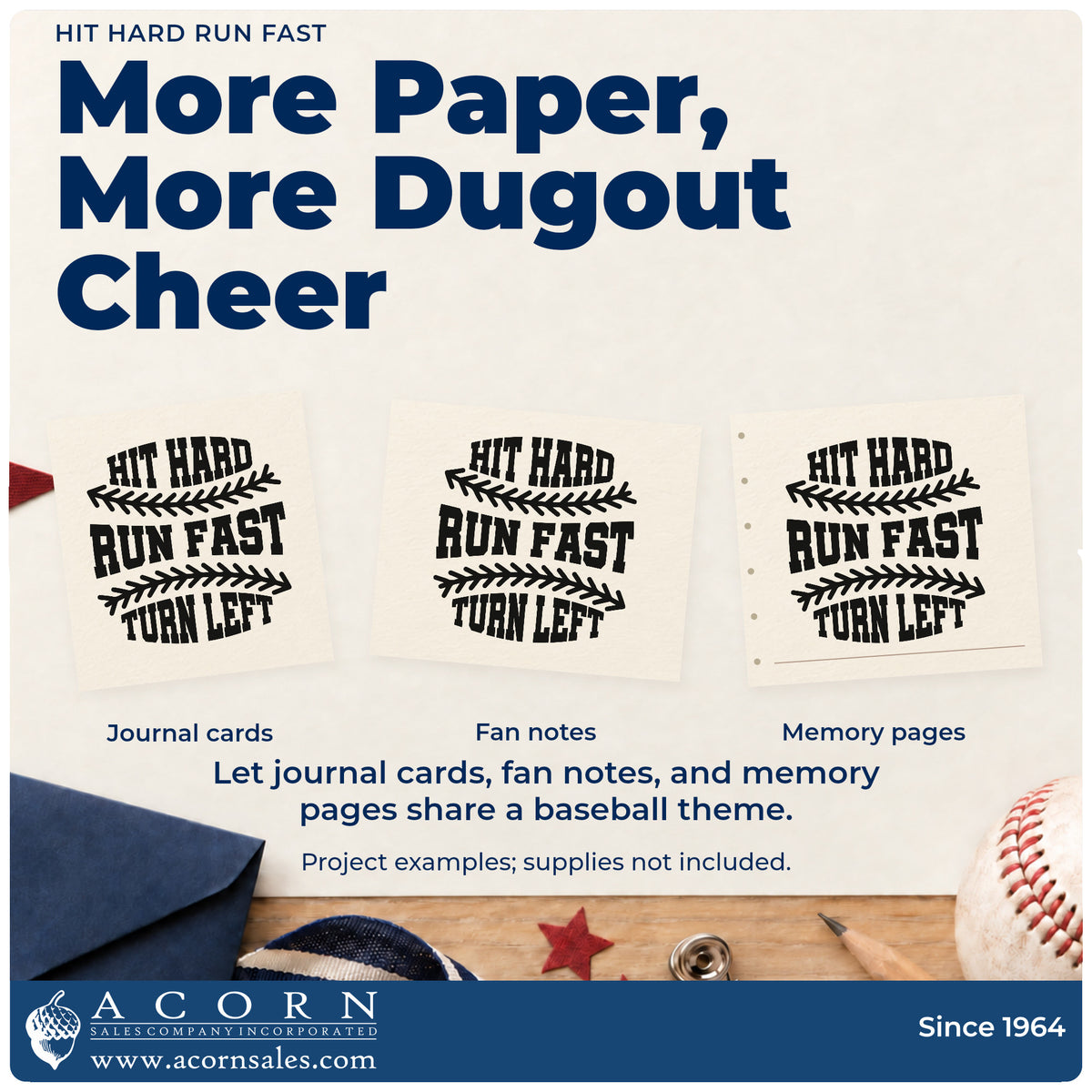 Three project examples made with the Hit Hard Run Fast PSI Pre-Inked Stamp, including baserunning scrapbooks.