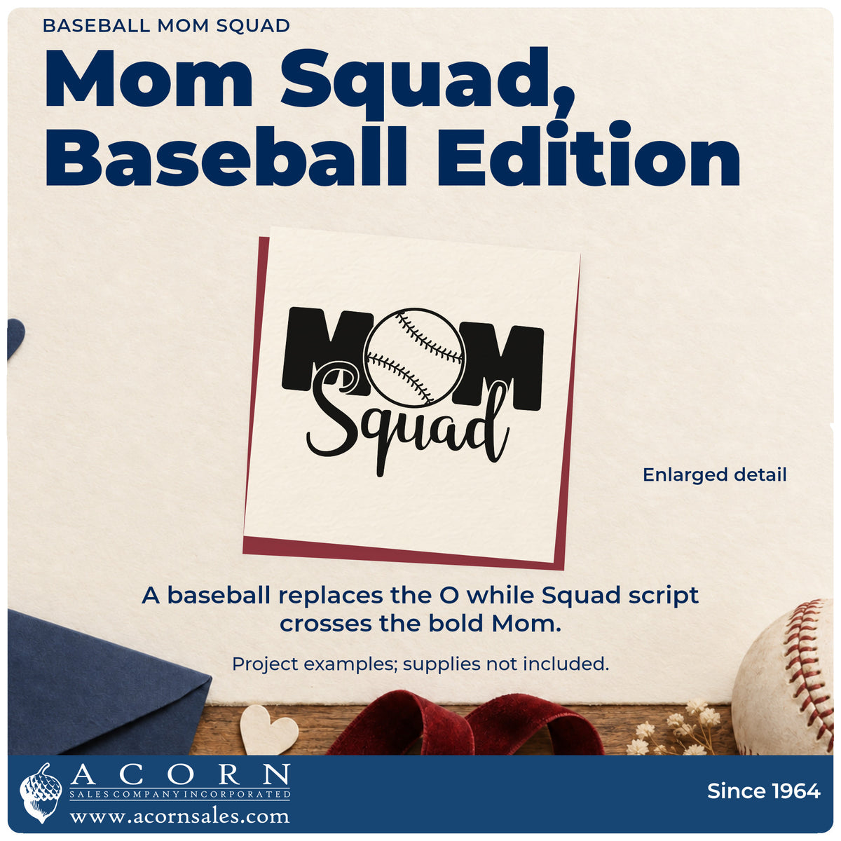 Enlarged detail of the Baseball Mom Squad Stamp – PSI Pre-Inked imprint. A baseball replaces the O in bold "Mom" lettering, with "Squad" written across it in script.