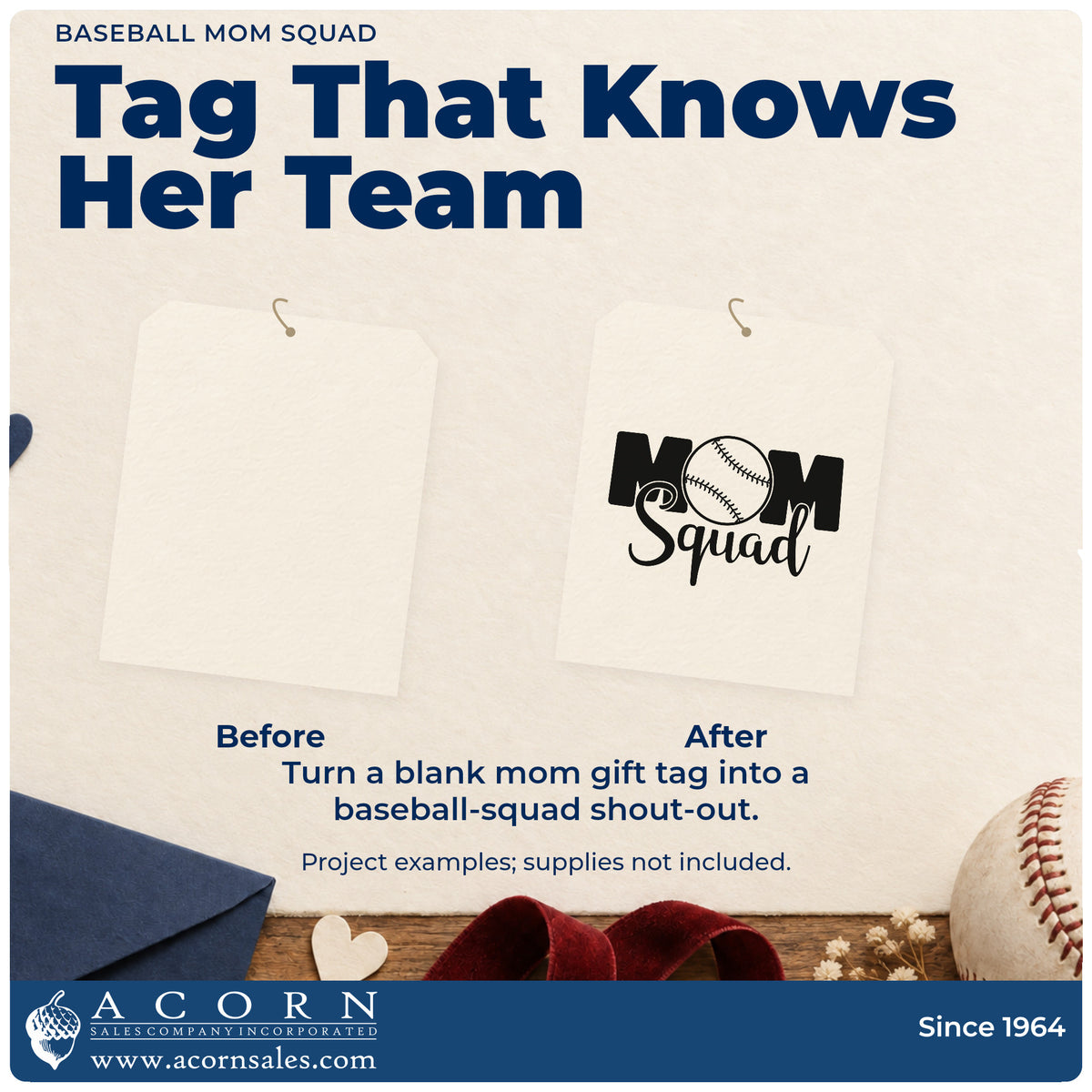 Before and after of a plain item finished with the Baseball Mom Squad Slim Pre-Inked Stamp, a quick upgrade for tailgate cup labels.