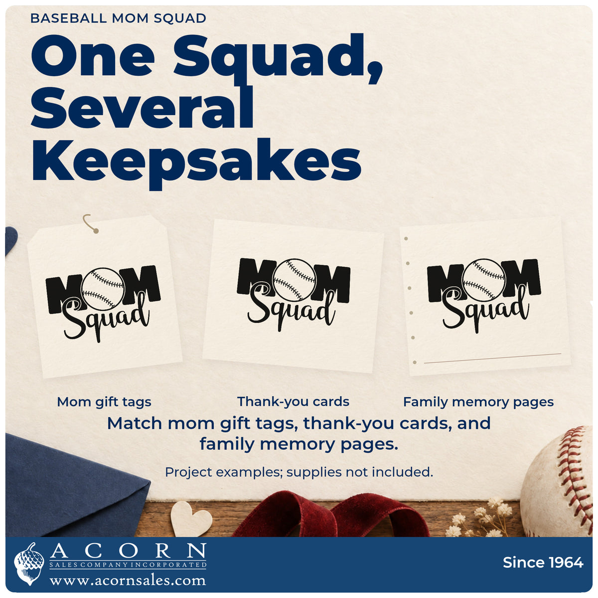 Three project examples made with the Baseball Mom Squad Wood Handle Stamp, including group chat gift tags.