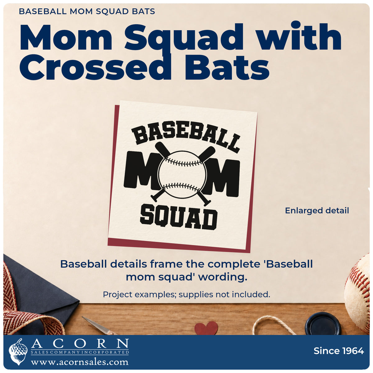 Enlarged detail of the Baseball Mom Squad Bats Lettering Stamp - Premium Vintage Pro Wooden imprint. Crossed bats and a baseball accent stacked "Baseball mom squad" lettering.