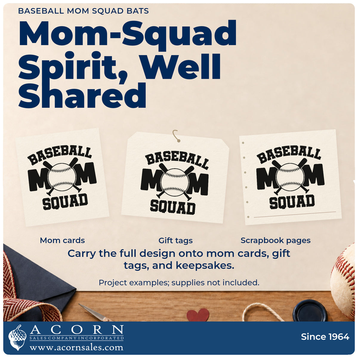 Three project examples made with the Baseball Mom Squad Bats Lettering Hand Stamp – Duo, including season scrapbook openers.