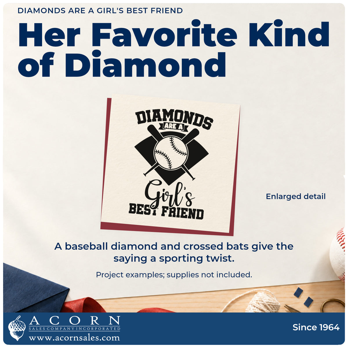 Enlarged detail of the Diamonds Are A Girl's Best Friend Crossed Baseball Bats Premium Wooden Stamp - Vintage Pro imprint. A baseball diamond, crossed bats, and baseball accompany "Diamonds are a girl's best friend."