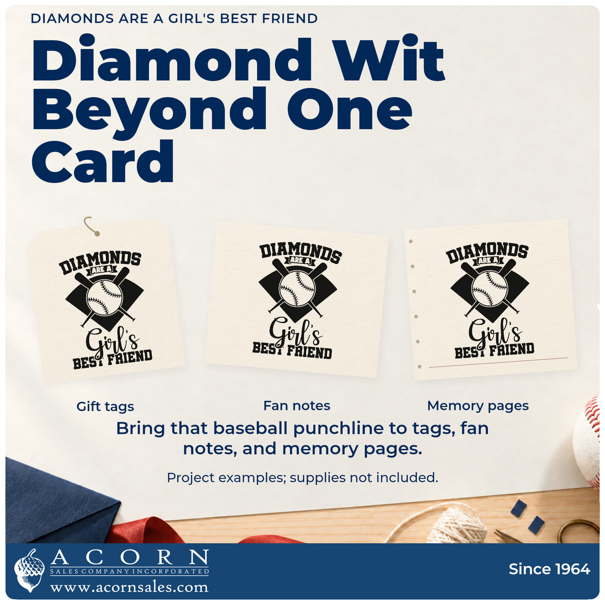 Three project examples made with the Diamonds Are A Girl's Best Friend Crossed Baseball Bats Hand Stamp – Duo, including jewelry gift tags.