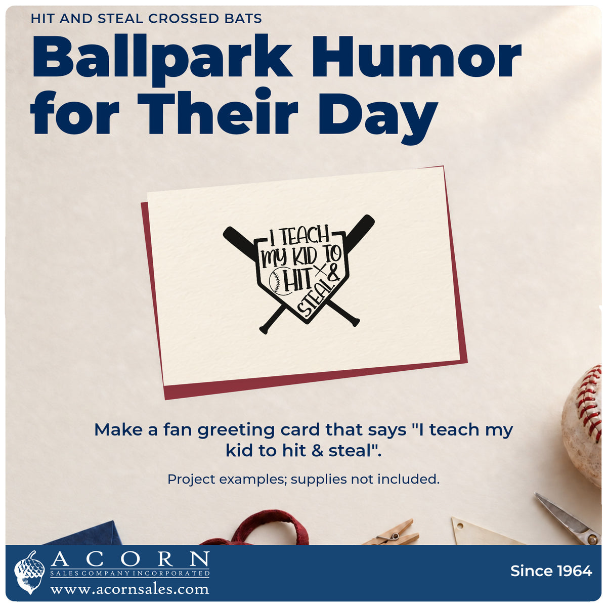 A finished handmade project stamped with the Hit And Steal Crossed Bats Self-Inking Stamp, ideal for coaching staff gifts.