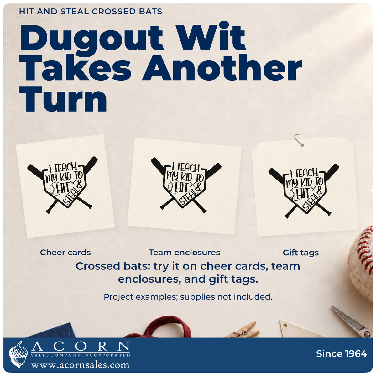 Three project examples made with the Hit And Steal Crossed Bats Self-Inking Stamp, including parent tote bags.