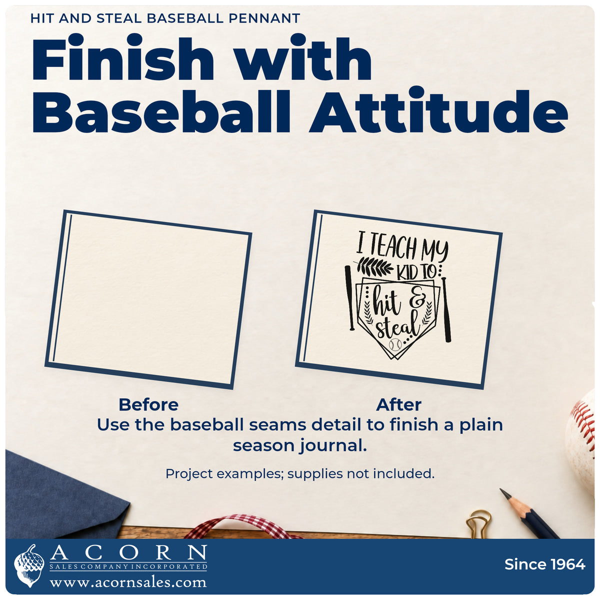 Before and after of a plain item finished with the Hit And Steal Baseball Pennant Stamp – Self-Inking, a quick upgrade for game day tees.
