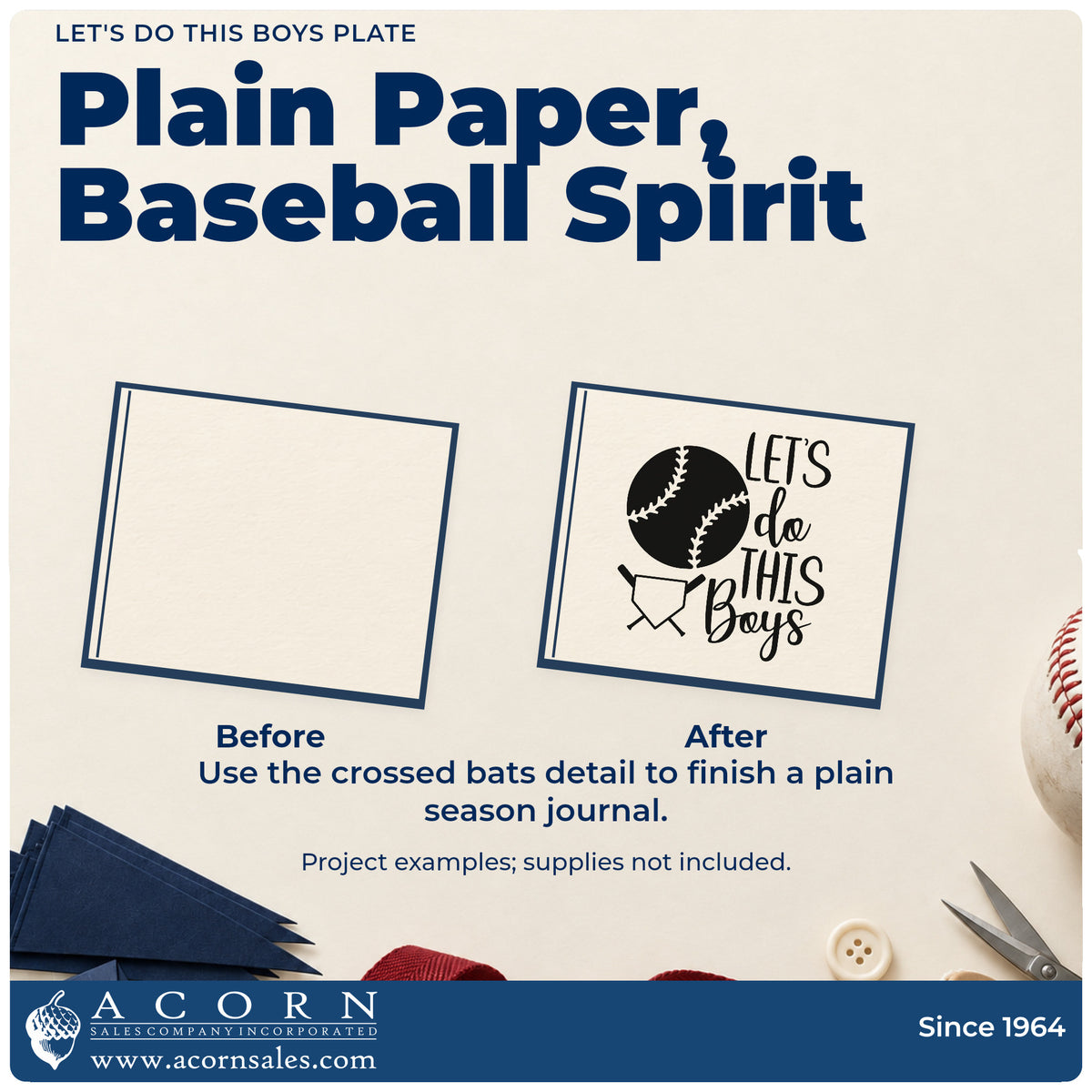 Before and after of a plain item finished with the Let's Do This Boys Plate Crossed Baseball Bats Stamp - Premium Vintage Pro Wooden, a quick upgrade for team tee transfers.