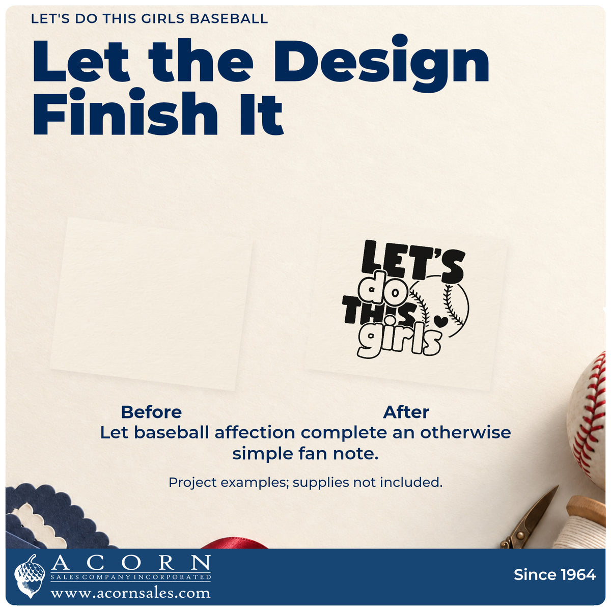 Before and after of a plain item finished with the Duo Hand Let's Do This Girls Baseball Rubber Stamp, a quick upgrade for locker door signs.