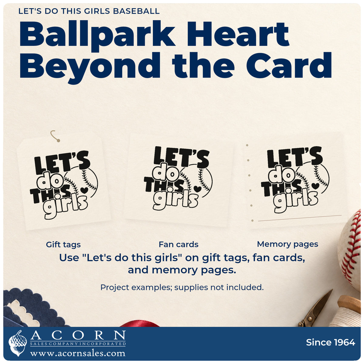 Three project examples made with the Let's Do This Girls Baseball Slim Pre-Inked Stamp, including scrapbook openers.