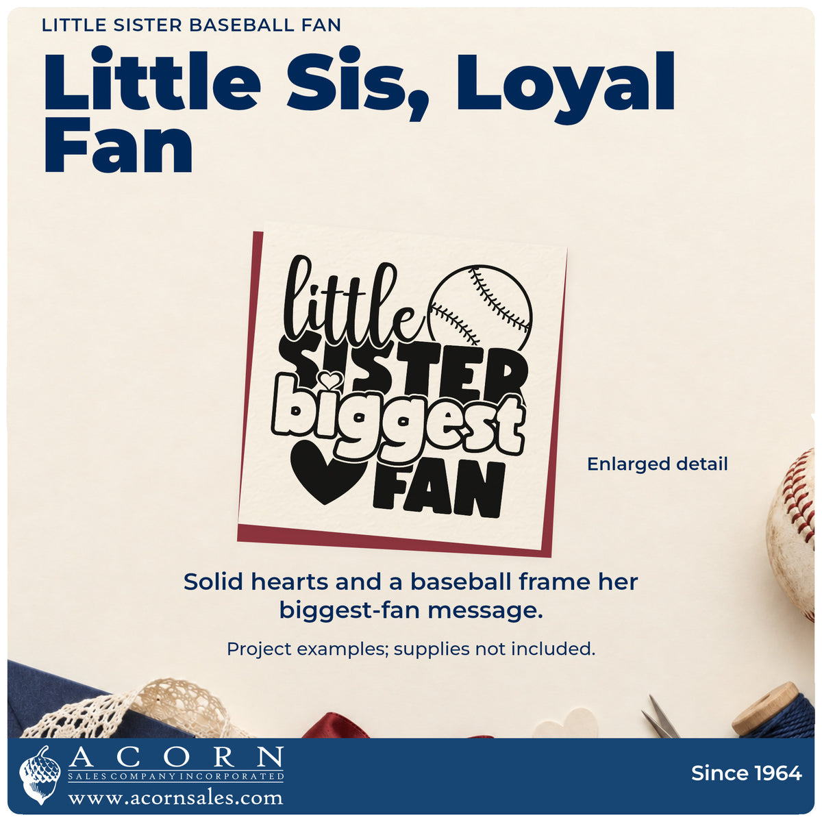Enlarged detail of the Little Sister Baseball Fan Self-Inking Stamp imprint. A baseball and solid hearts accent "Little sister biggest fan" in rounded and script lettering.