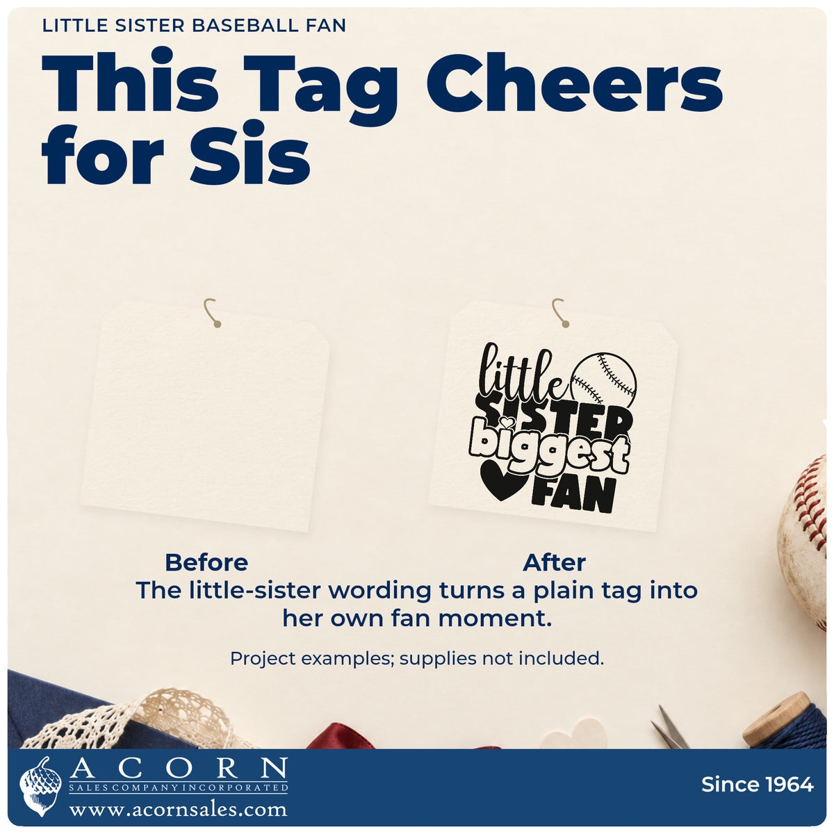 Before and after of a plain item finished with the Little Sister Baseball Fan PSI Pre-Inked Stamp, a quick upgrade for party favor tags.