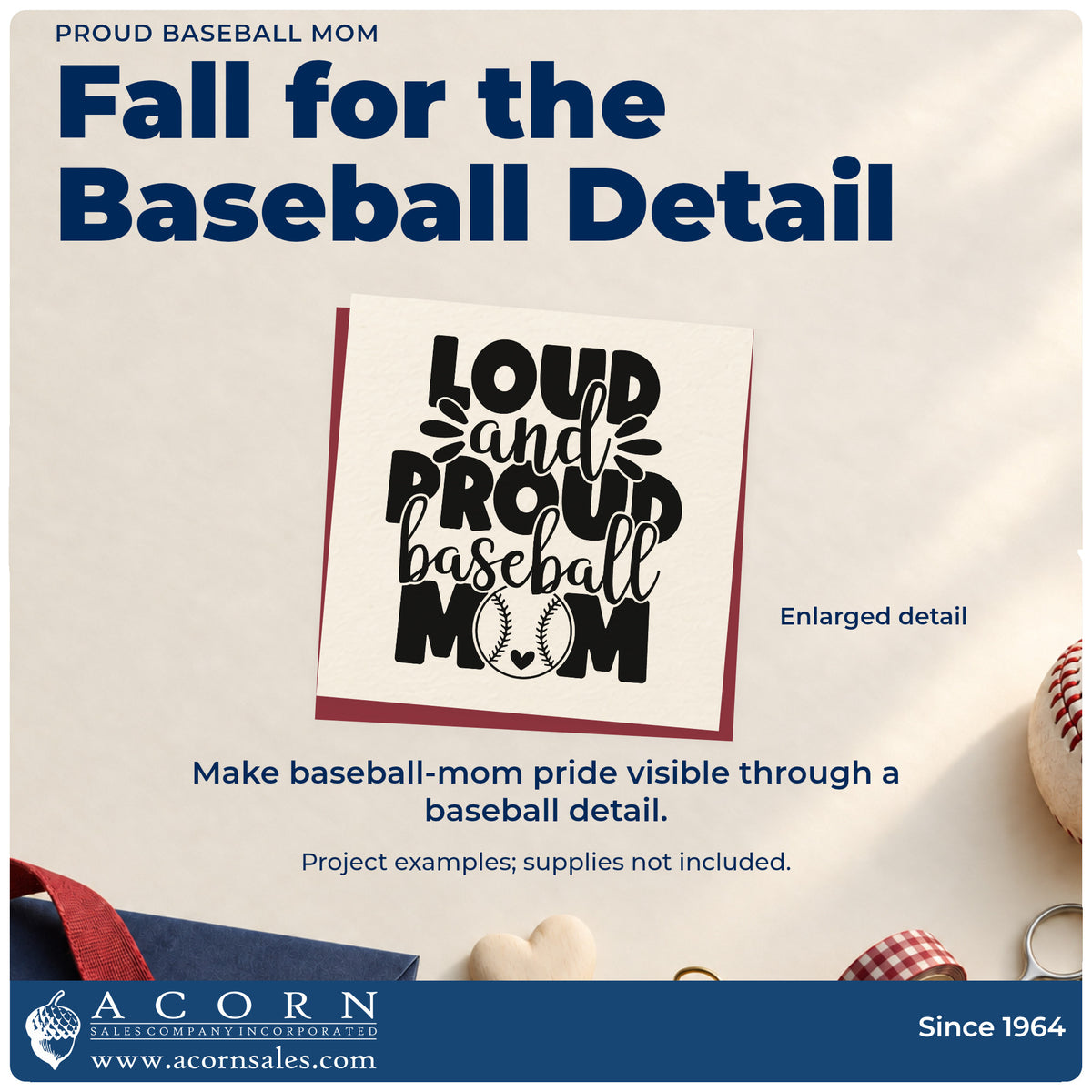 Enlarged detail of the Baseball Mom Pride Splashes Slim Pre-Inked Stamp imprint. Decorative splash marks accent "Loud and proud baseball mom," with a baseball replacing the O.