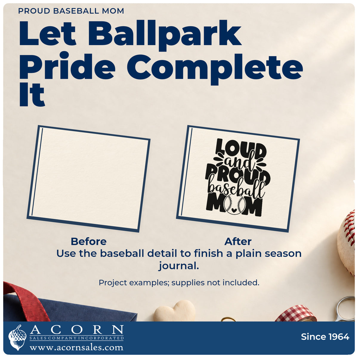 Before and after of a plain item finished with the Baseball Mom Pride Splashes Duo Hand Stamp, a quick upgrade for mother's day cards.