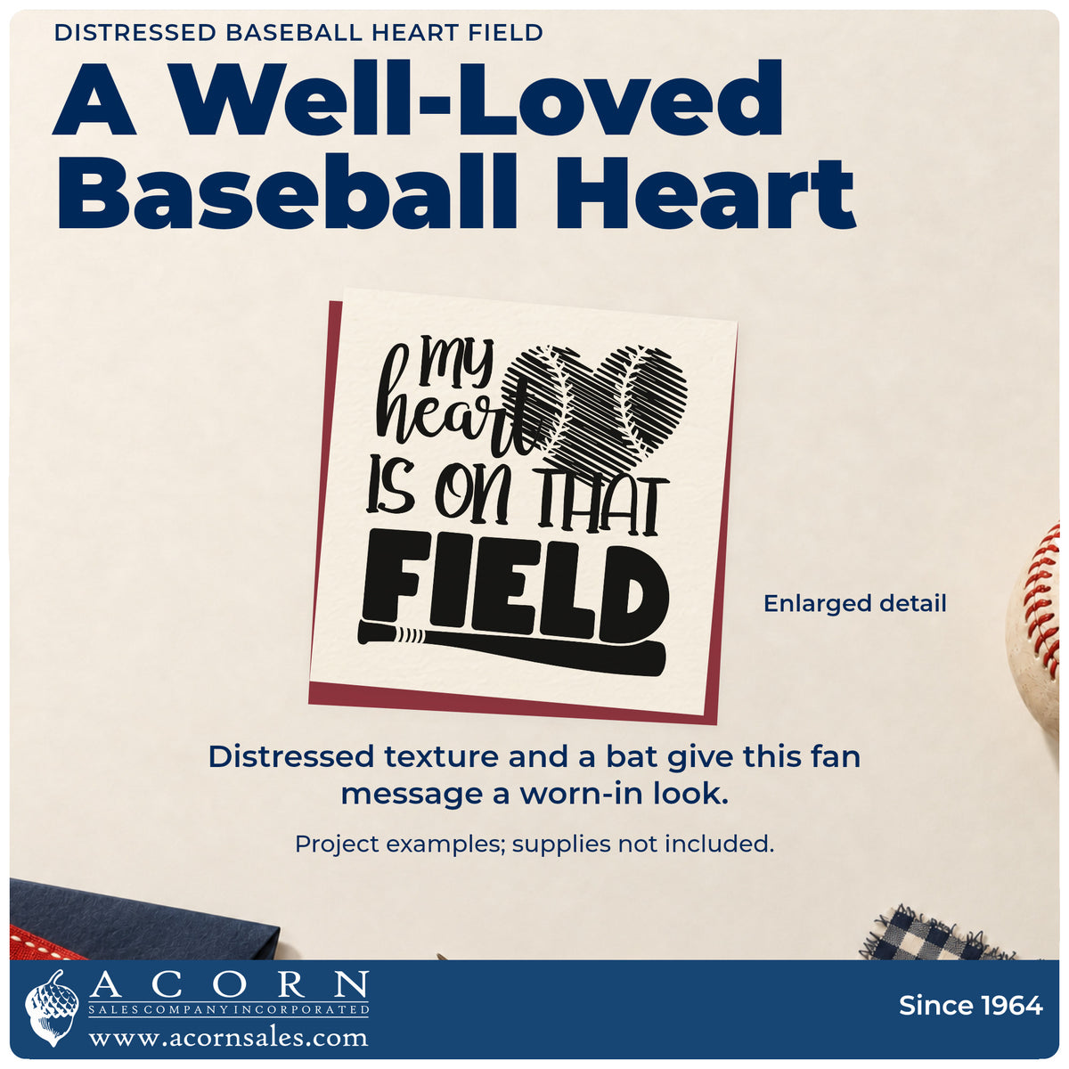 Enlarged detail of the Distressed Baseball Heart Field PSI Pre-Inked Stamp imprint. A distressed baseball heart sits above "My heart is on that field," with a bat below.